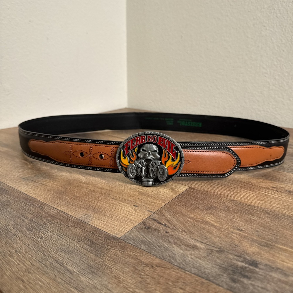 Vintage Motorcycle Leather Belt Fear No Evil Skull Buckle Black Brown‎ Mens 42